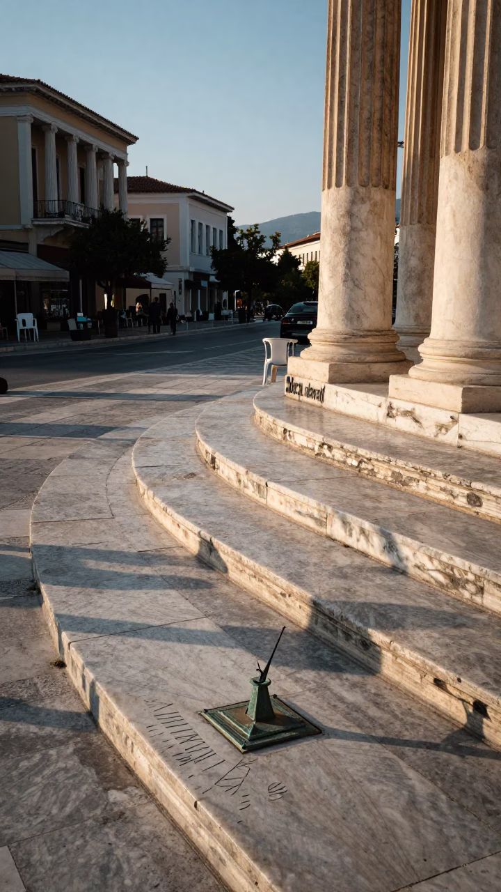 Late Afternoon Street Scene in Athens Greece with Sundial and Local Life in in Athens, Greece