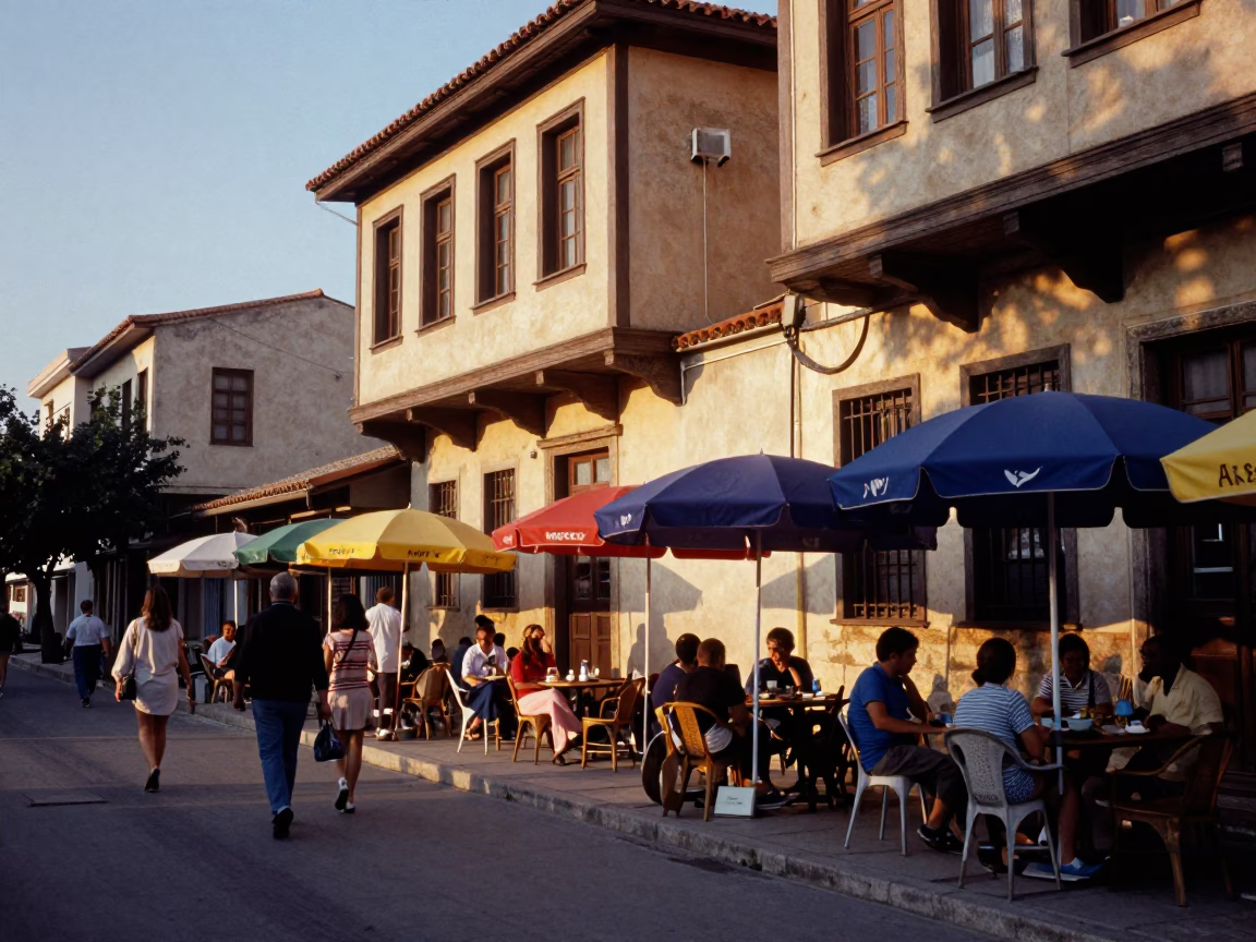 Late Afternoon Street Scene in Athens Greece with Umbrellas and Historic Architecture in in Athens, Greece