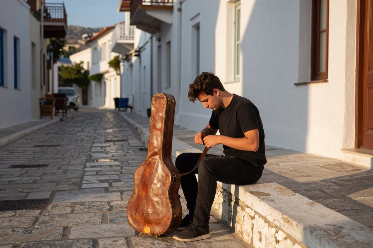 Late Afternoon Street Scene in Athens Greece with Vintage Guitar Case and Urban Details in in Athens, Greece