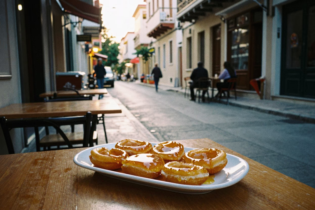 Late Afternoon Street Scene in Athens with Loukoumades and Local Cafe Culture in in Athens, Greece