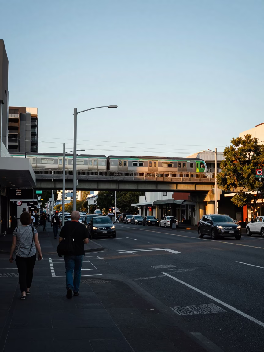 Late Afternoon Street Scene in Auckland New Zealand with Commuter Train and Local Details in in Auckland, New Zealand