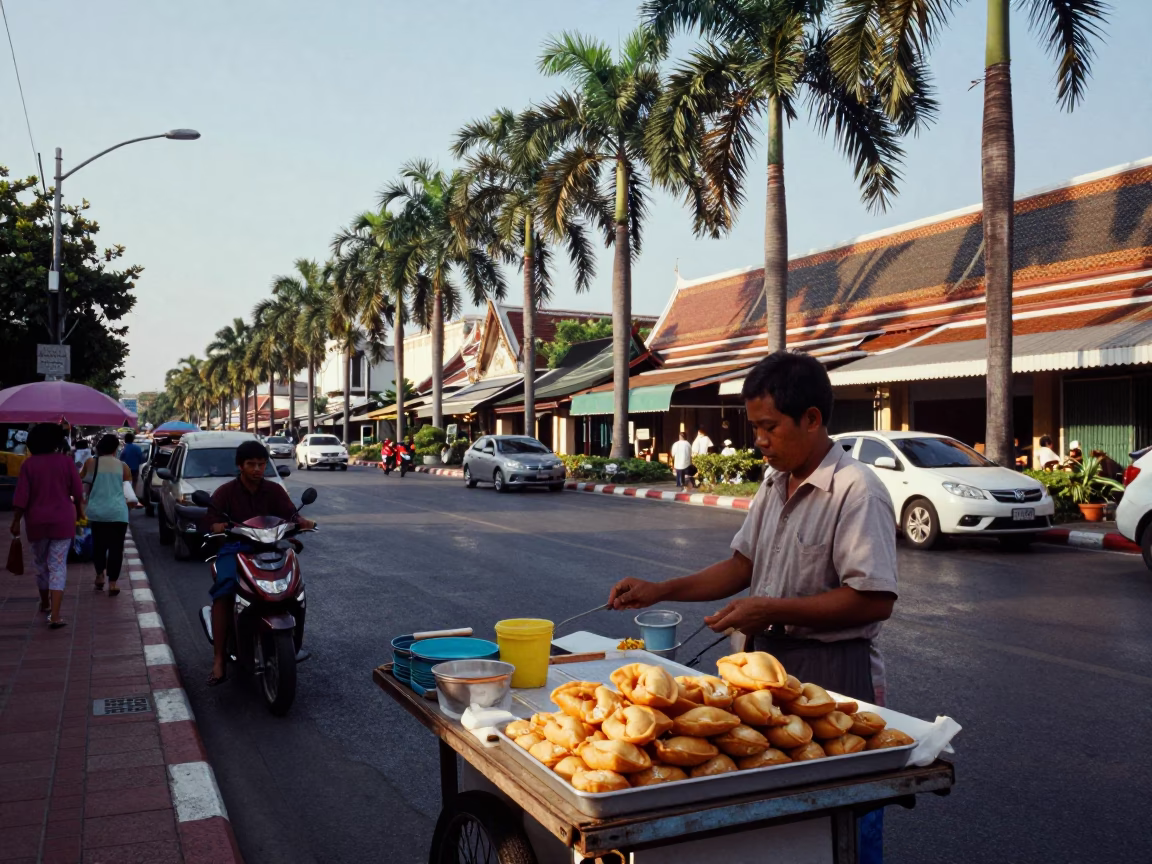 Late Afternoon Street Scene in Bangkok Thailand with Palm Trees and Local Market Activity in in Bangkok, Thailand