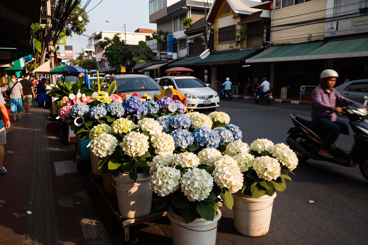 Late Afternoon Street Scene in Bangkok with Hydrangeas and Passing Train Viaduct in in Bangkok, Thailand