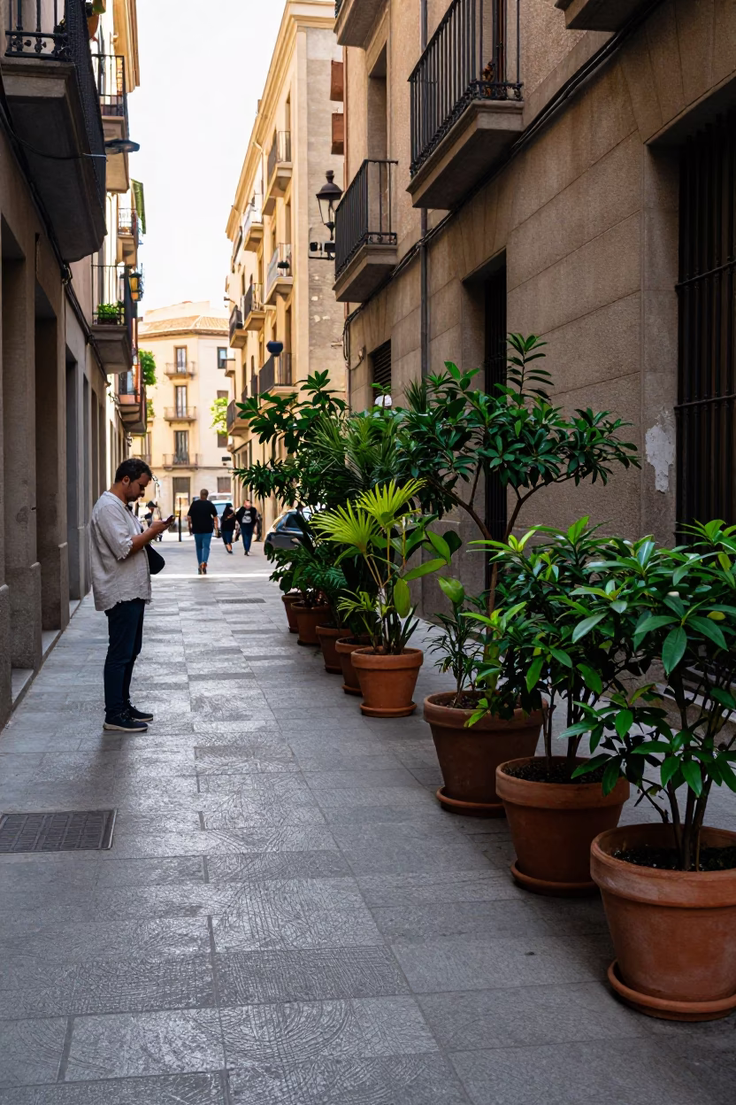 Late afternoon street scene in Barcelona Spain with houseplants and urban architecture in in Barcelona, Spain