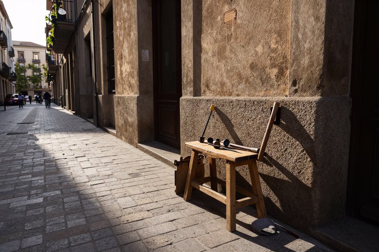 Late Afternoon Street Scene in Barcelona Spain with Local Artisan Tools in in Barcelona, Spain