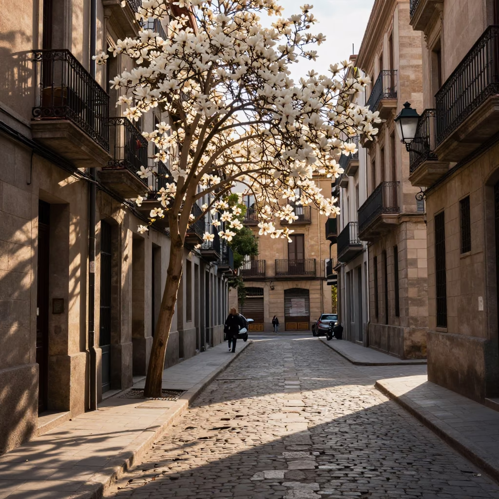 Late Afternoon Street Scene in Barcelona Spain with Magnolia Tree and Traditional Bakery in in Barcelona, Spain