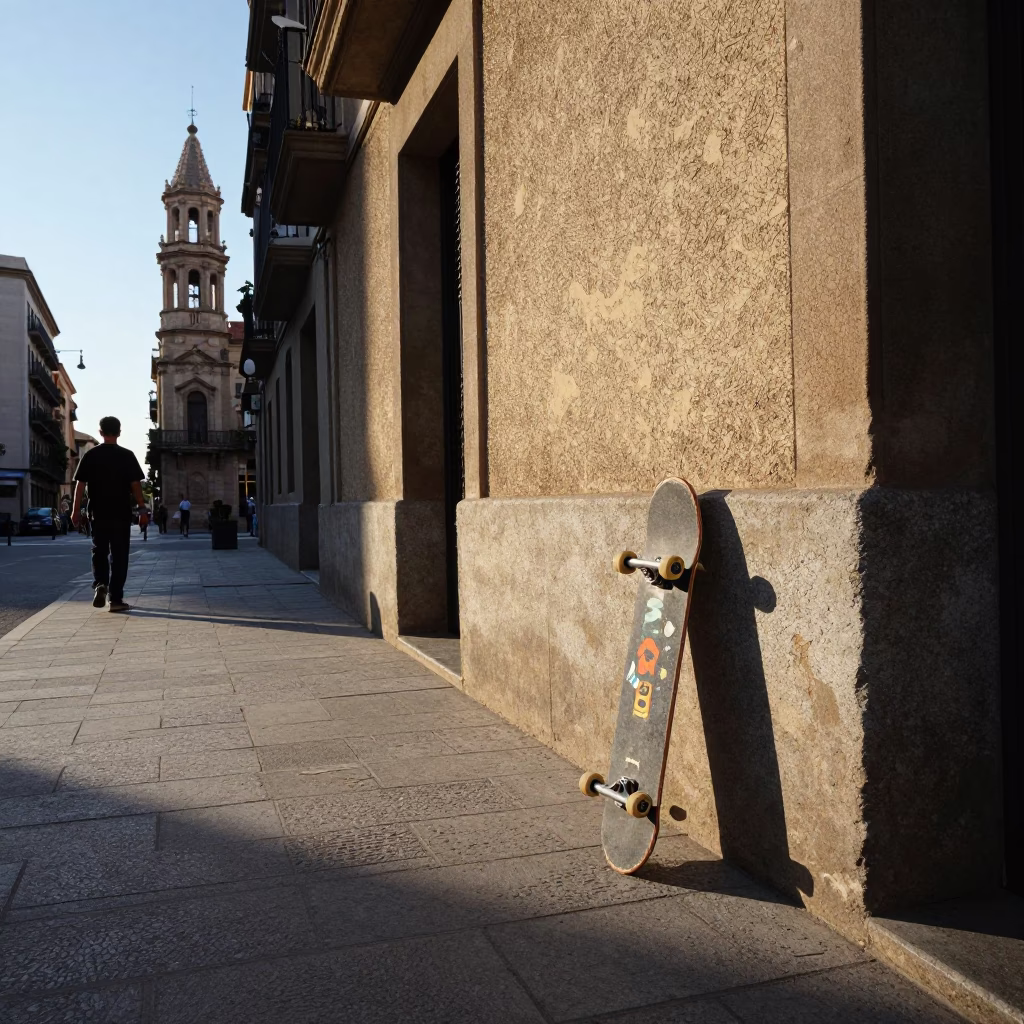 Late Afternoon Street Scene in Barcelona Spain with Skateboarder and Historic Architecture in in Barcelona, Spain