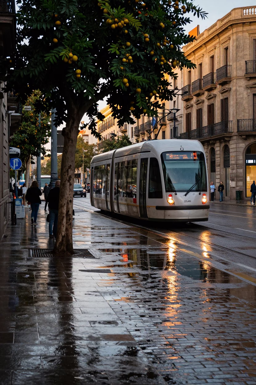 Late Afternoon Street Scene in Barcelona Spain with Tram Reflections and Cobblestones in in Barcelona, Spain