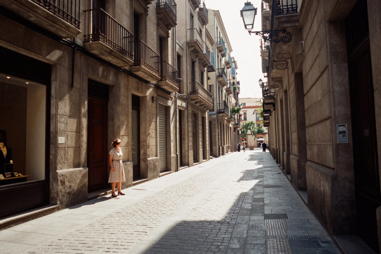 Late Afternoon Street Scene in Barcelona Spain with Vintage Elements in in Barcelona, Spain