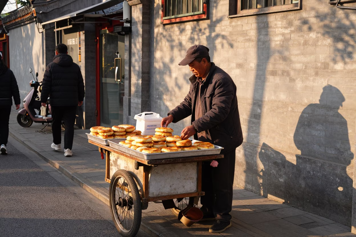 Late Afternoon Street Scene in Beijing China with Local Vendor and Pastries in in Beijing, China