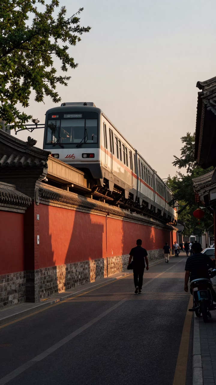 Late Afternoon Street Scene in Beijing China with Monorail and Traditional Architecture in in Beijing, China