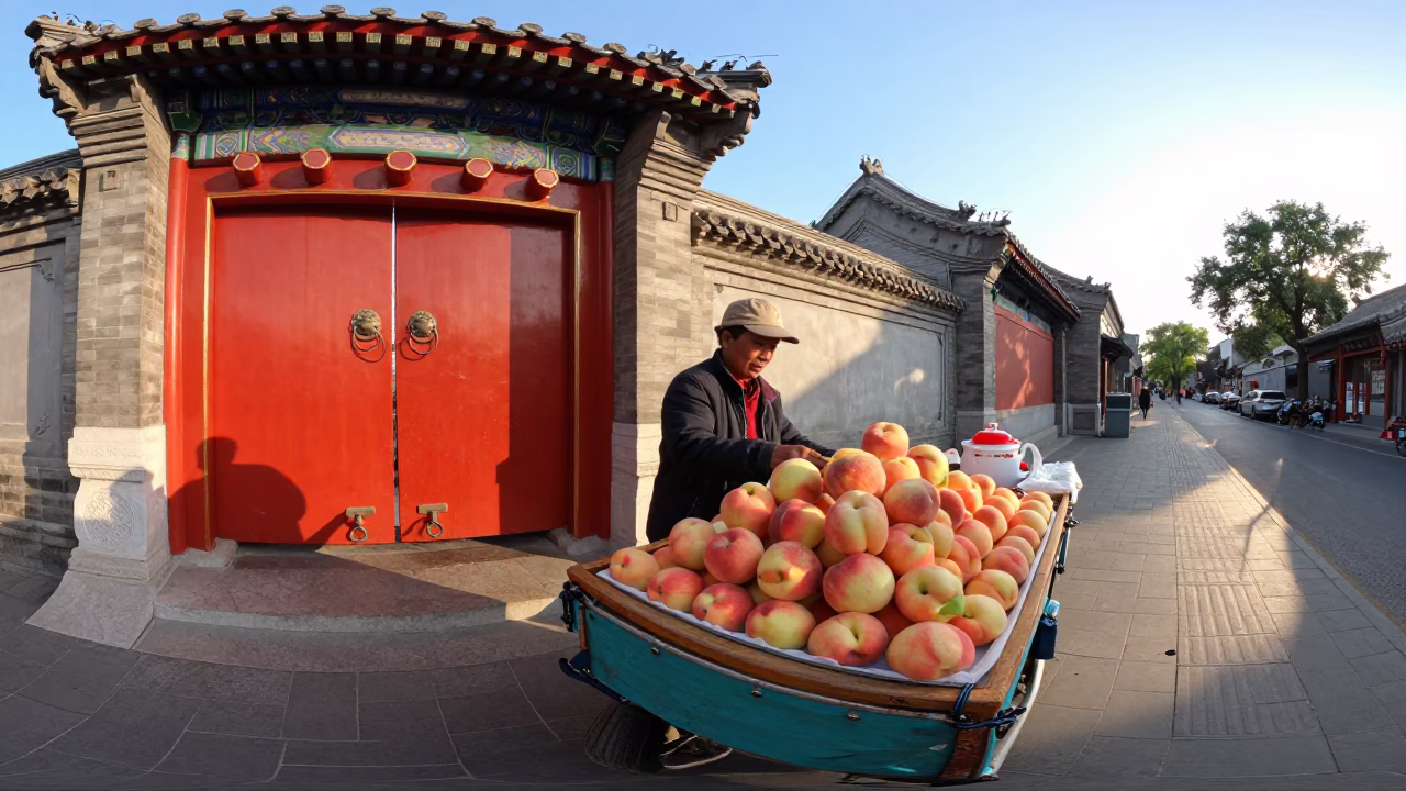 Late Afternoon Street Scene in Beijing China with Nectarines and Tea Stains in in Beijing, China