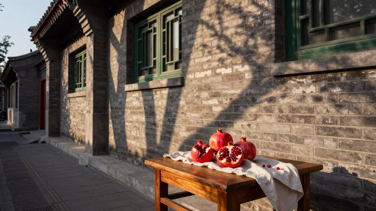 Late Afternoon Street Scene in Beijing China with Pomegranates and Linen Fringe in in Beijing, China