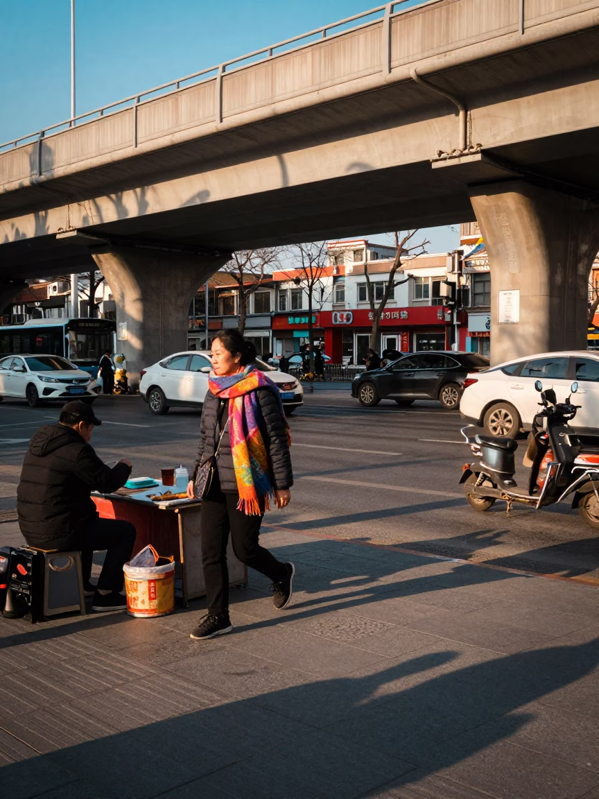 Late Afternoon Street Scene in Beijing China with Scarf and Overpass in in Beijing, China
