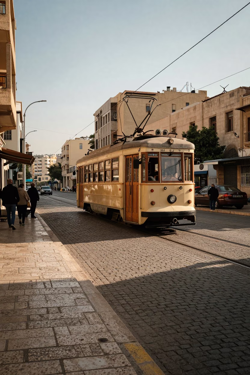 Late Afternoon Street Scene in Beirut Lebanon with Heritage Tram on Cobblestones in in Beirut, Lebanon