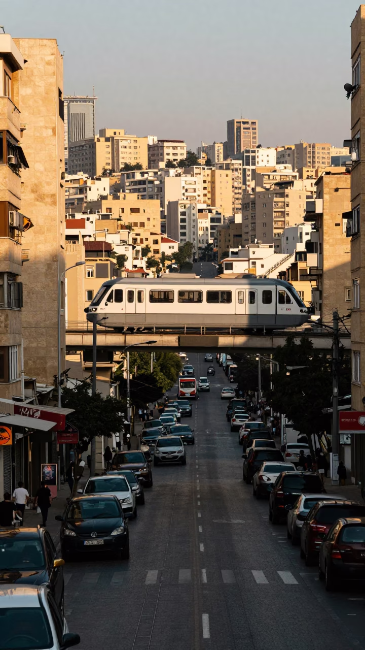 Late Afternoon Street Scene in Beirut Lebanon with Monorail and City Life in in Beirut, Lebanon