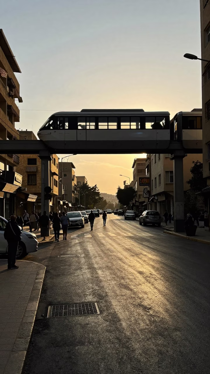 Late Afternoon Street Scene in Beirut Lebanon with Monorail and Local Market Activity in in Beirut, Lebanon