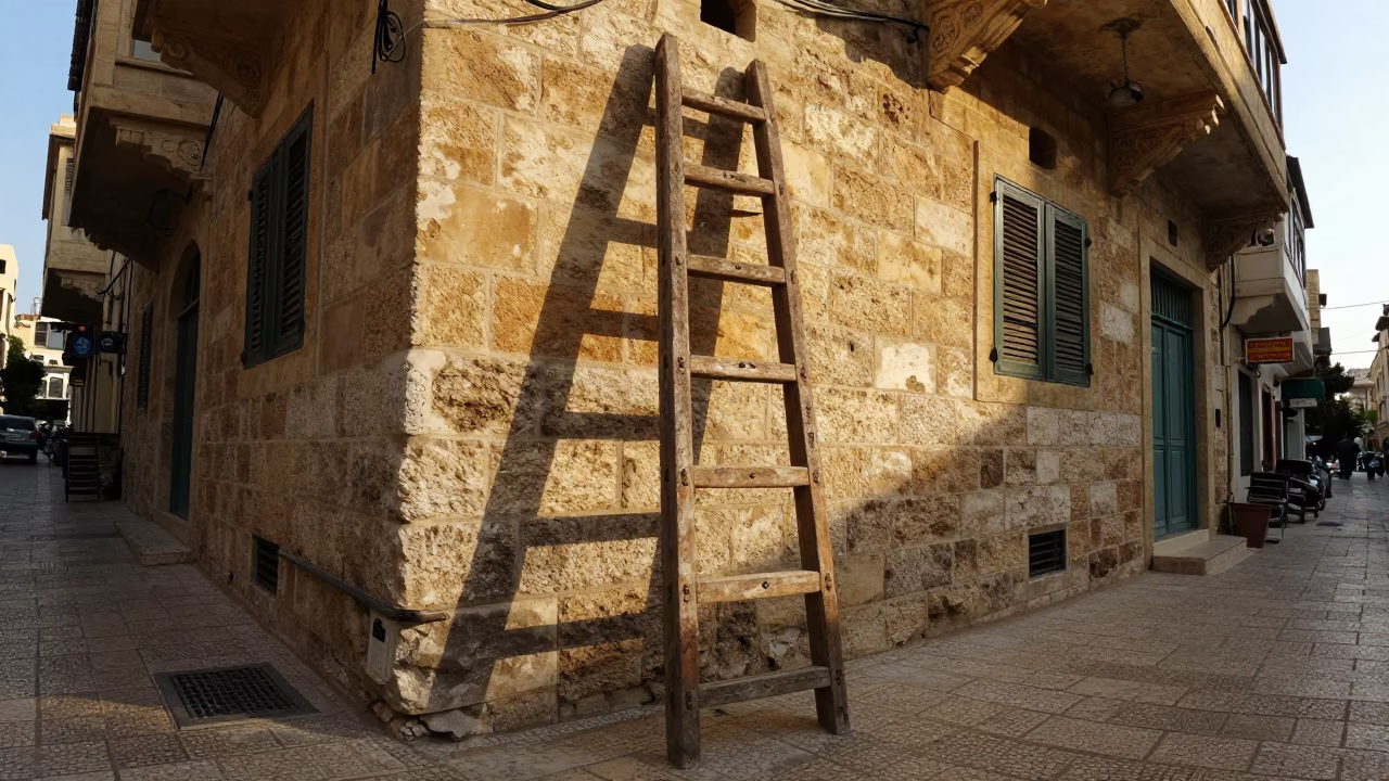 Late Afternoon Street Scene in Beirut Lebanon with Wooden Ladder and Frayed Rope in in Beirut, Lebanon
