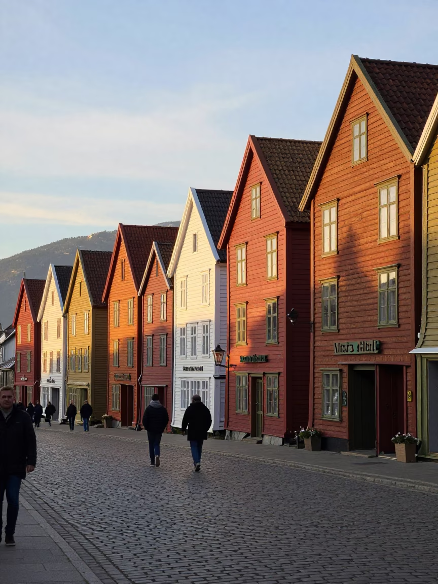 Late Afternoon Street Scene in Bergen Norway with Colorful Hanseatic Wharf Buildings in in Bergen, Norway
