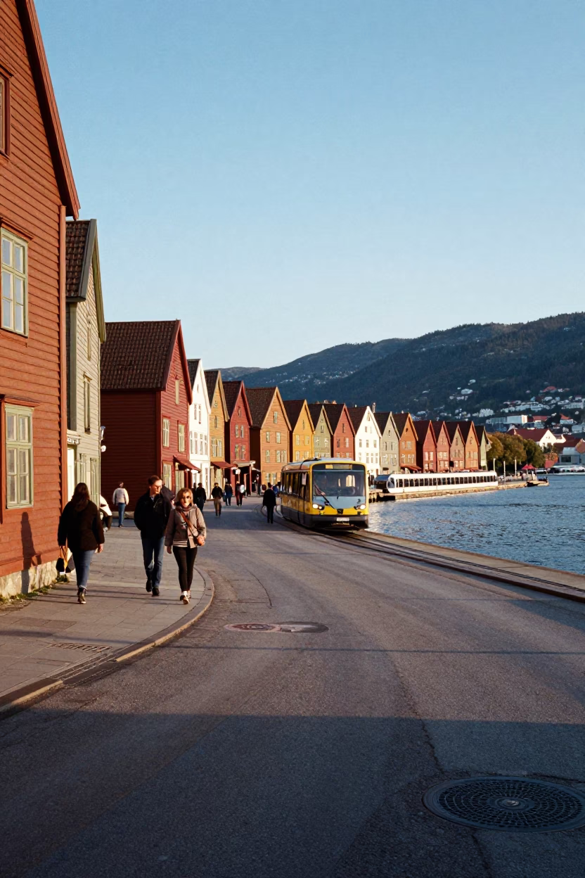 Late Afternoon Street Scene in Bergen Norway with Monorail and River View in in Bergen, Norway