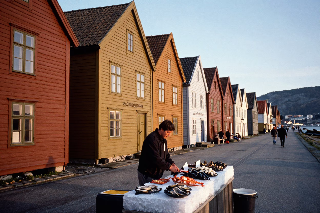 Late Afternoon Street Scene in Bergen Norway with Traditional Bryghan Wooden Wharf Architecture in in Bergen, Norway