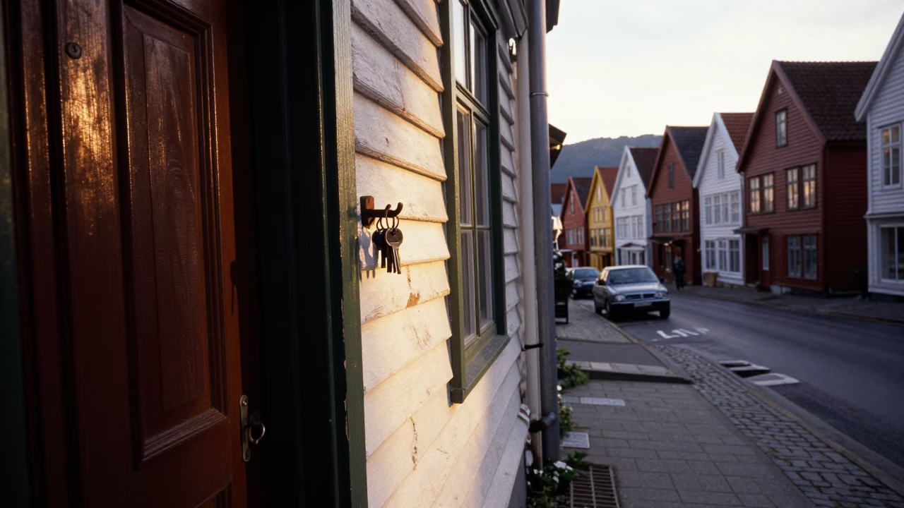 Late Afternoon Street Scene in Bergen Norway with Vintage 1980s Details in in Bergen, Norway