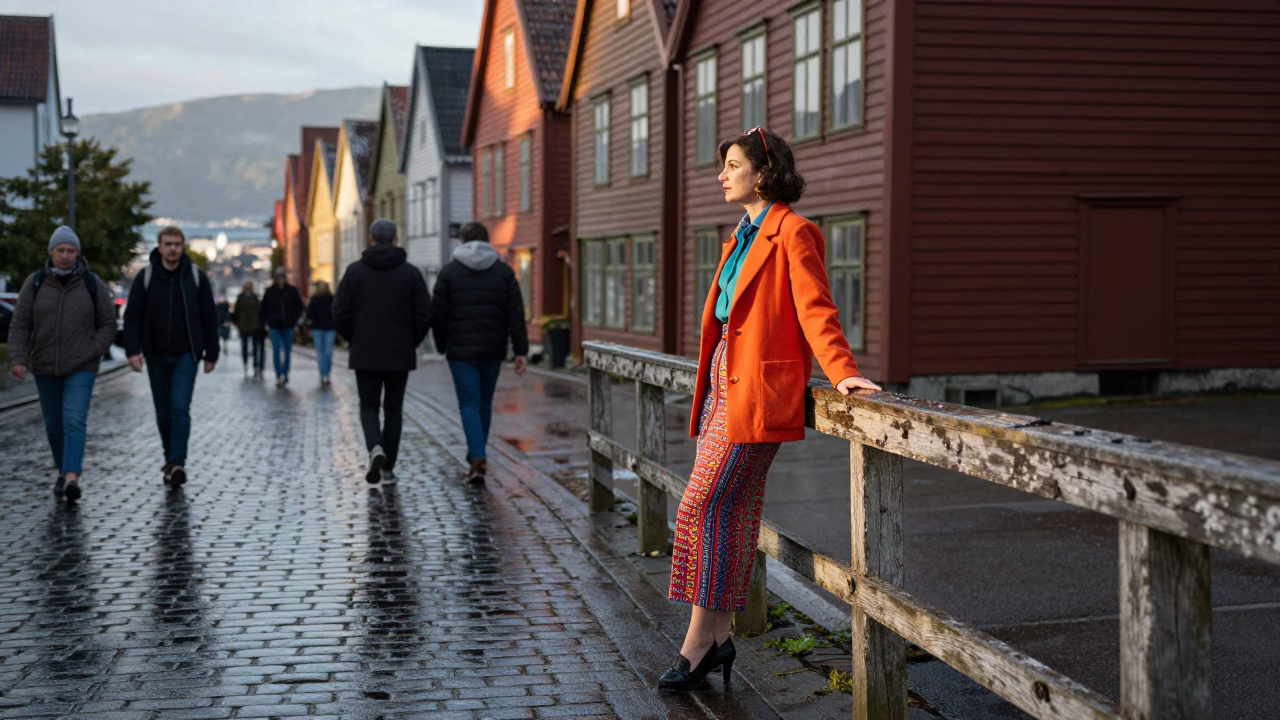 Late Afternoon Street Scene in Bergen Norway with Vintage Fashion and Local Details in in Bergen, Norway