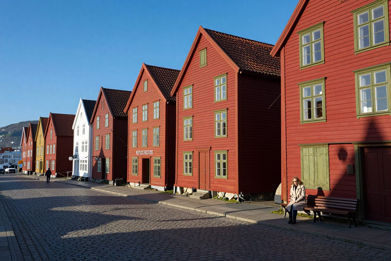 Late Afternoon Street Scene in Bergen Norway with Wooden House Facades and Pedestrians in in Bergen, Norway