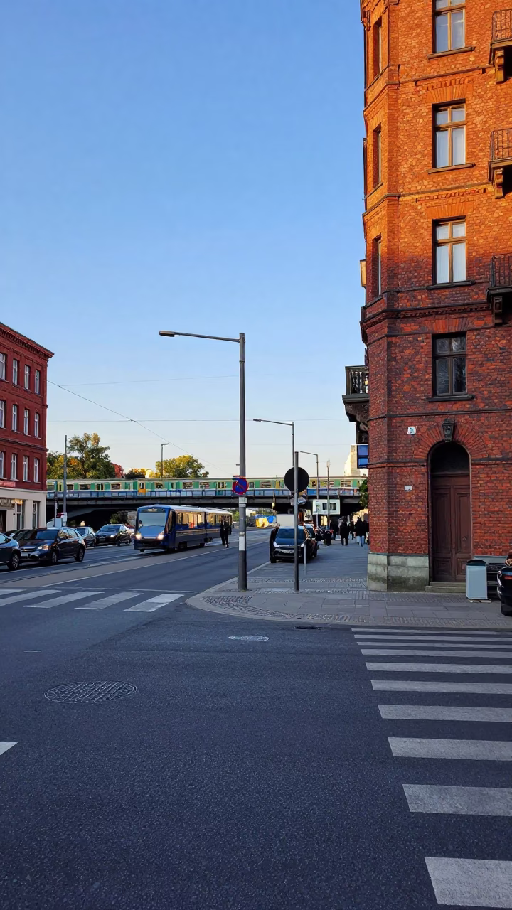 Late Afternoon Street Scene in Berlin Germany with Commuter Train and Steel Reflections in in Berlin, Germany