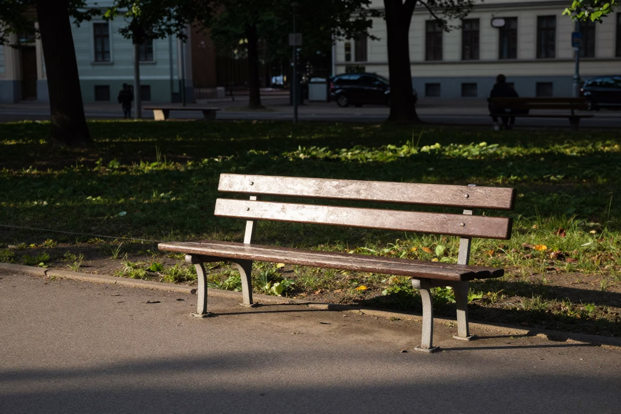 Late Afternoon Street Scene in Berlin Germany with Park Bench and Cardigan in in Berlin, Germany