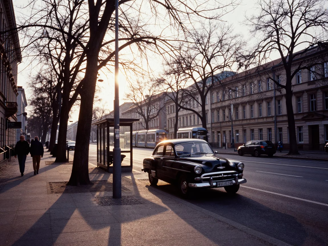 Late Afternoon Street Scene in Berlin Germany with Vintage 1950s Aesthetic in in Berlin, Germany