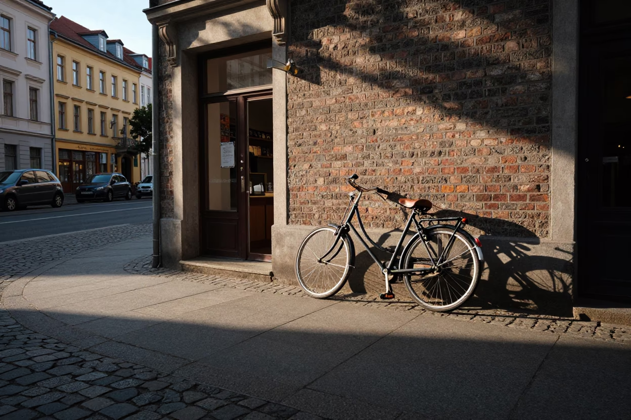 Late Afternoon Street Scene in Berlin Germany with Vintage Bicycle and Urban Details in in Berlin, Germany