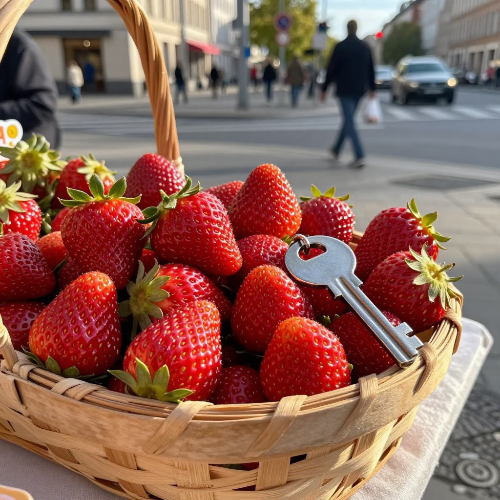 Late Afternoon Street Scene in Berlin with Strawberries and Key Blank in in Berlin, Germany