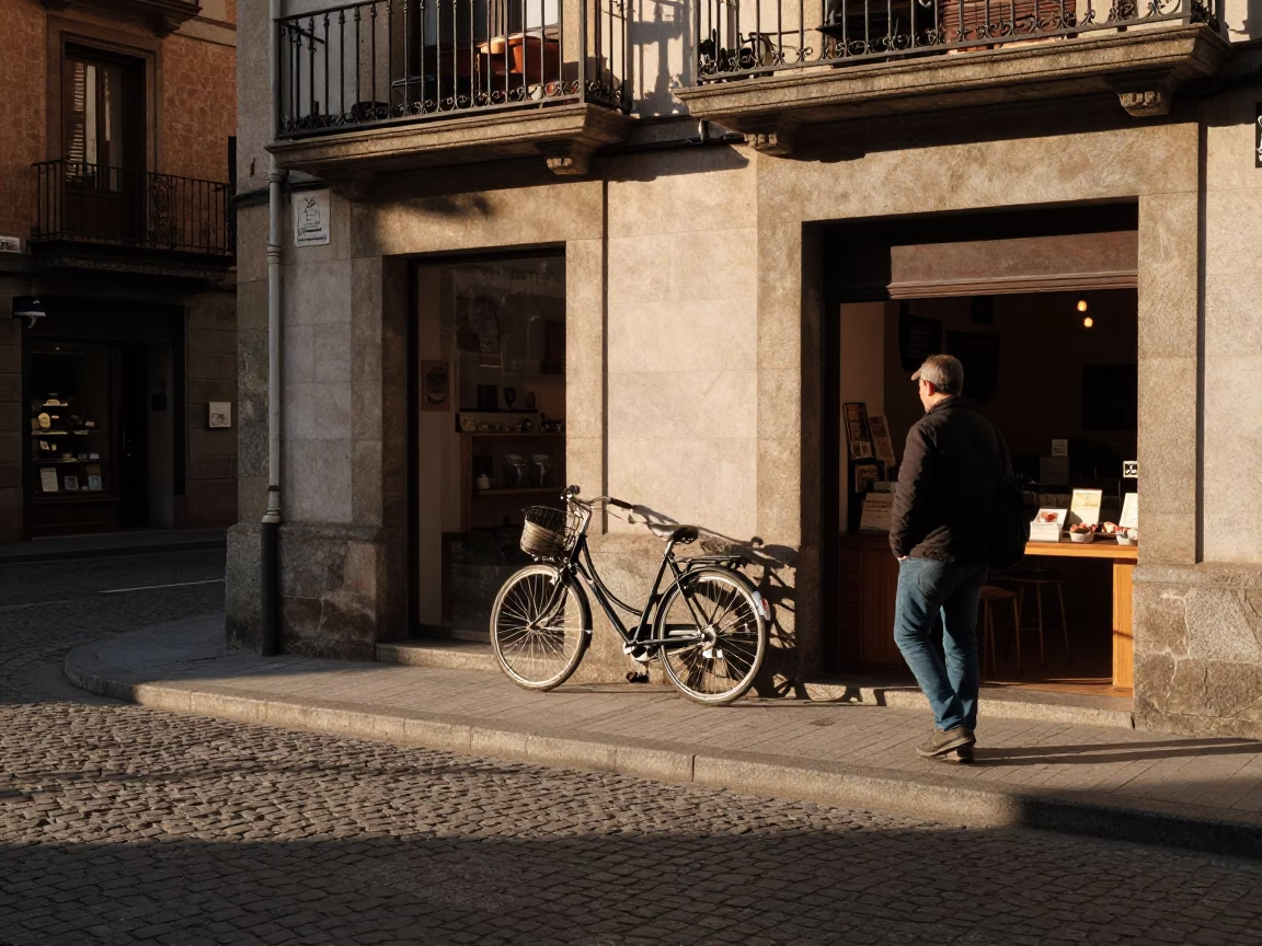 Late Afternoon Street Scene in Bilbao Spain with Bicycle and Bakery in in Bilbao, Spain