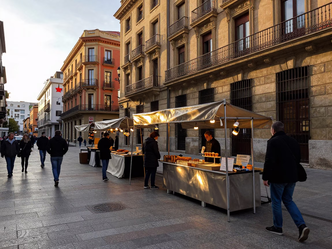 Late Afternoon Street Scene in Bilbao Spain with Brushed Steel and Peaches in in Bilbao, Spain