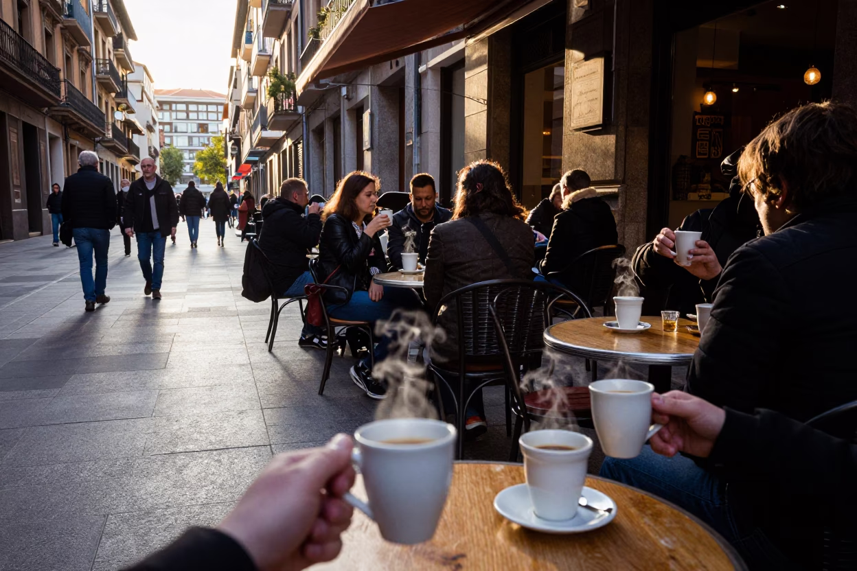 Late Afternoon Street Scene in Bilbao Spain with Ceramic Mugs and Local Atmosphere in in Bilbao, Spain