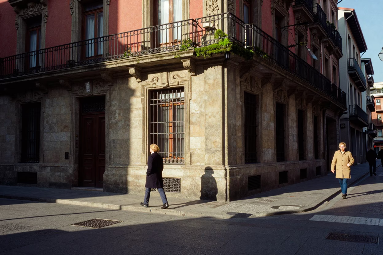 Late Afternoon Street Scene in Bilbao Spain with Coats and Moss in in Bilbao, Spain