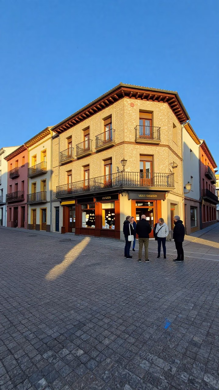 Late afternoon street scene in Bilbao Spain with colorful storefronts and pedestrians in in Bilbao, Spain