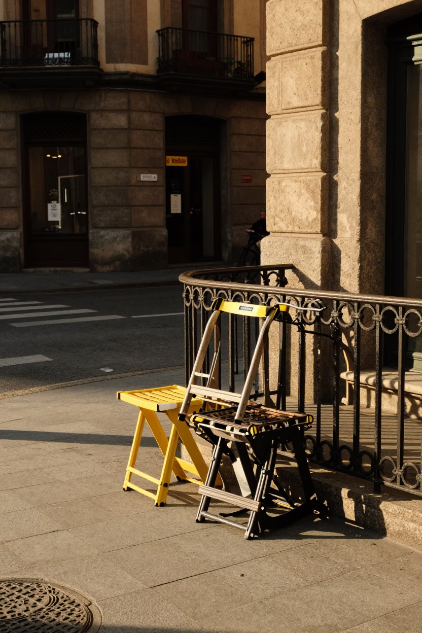 Late Afternoon Street Scene in Bilbao Spain with Folding Stools Outside Cafe in in Bilbao, Spain