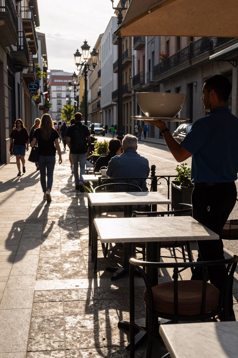 Late Afternoon Street Scene in Bilbao Spain with Marble Table and Ceramic Bowl in in Bilbao, Spain