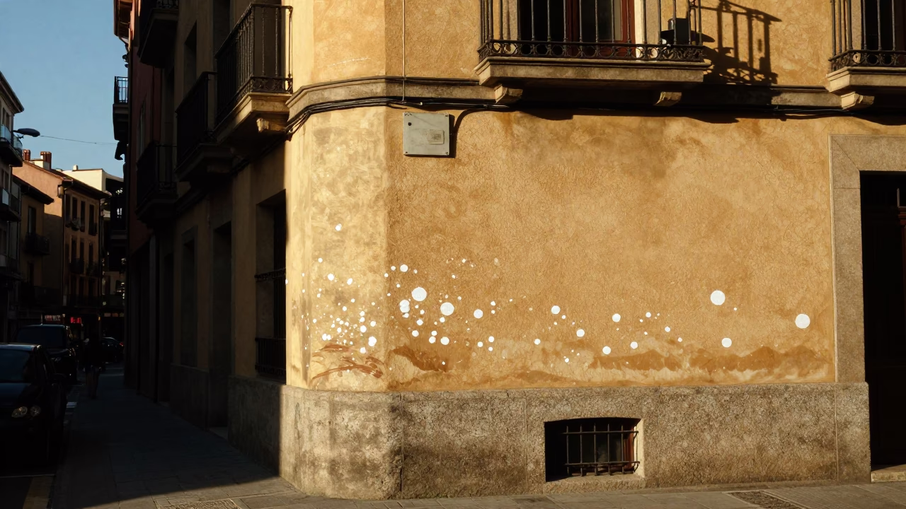 Late Afternoon Street Scene in Bilbao Spain with Paint Flecks on Building Wall in in Bilbao, Spain