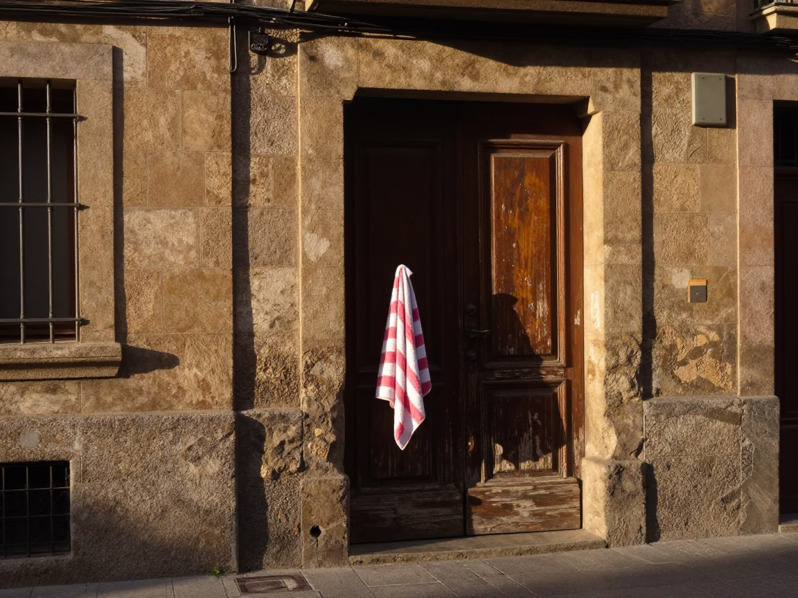 Late Afternoon Street Scene in Bilbao Spain with Striped Towel in in Bilbao, Spain