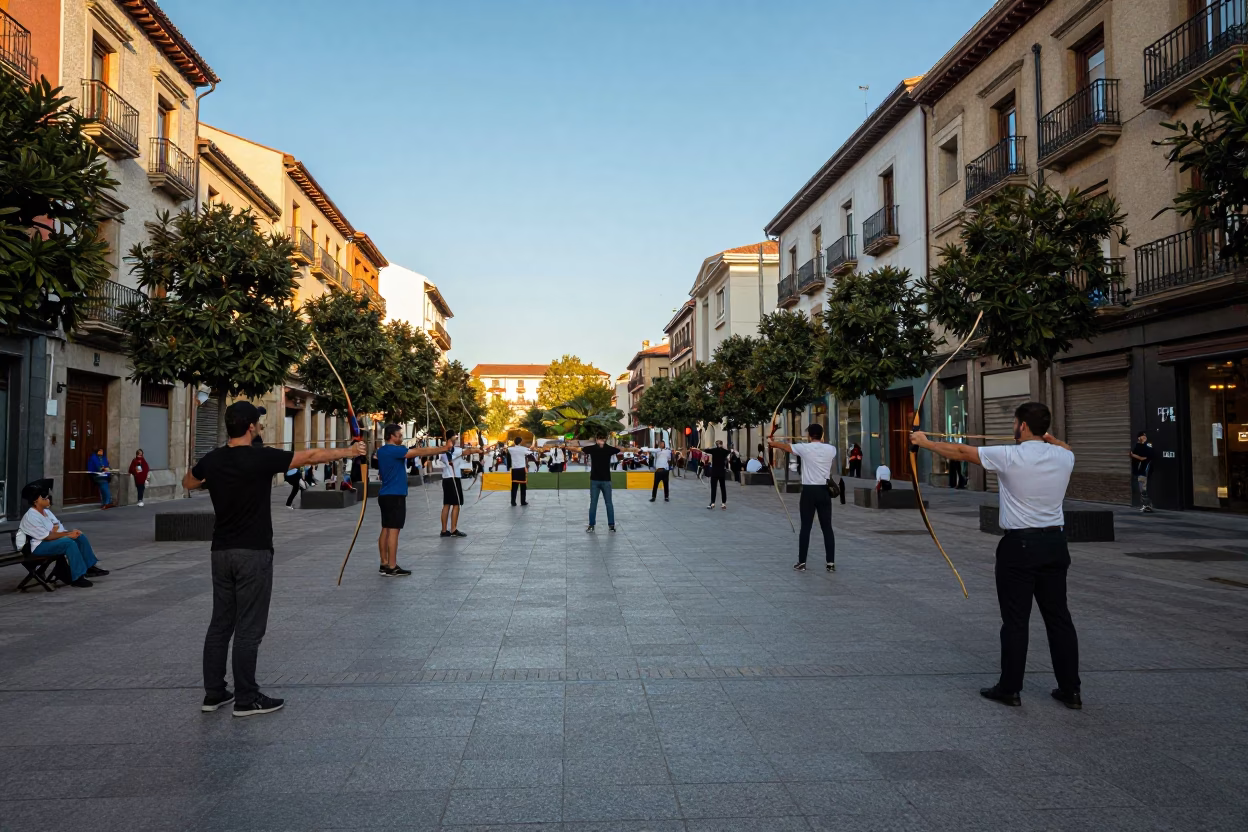 Late Afternoon Street Scene in Bilbao Spain with Traditional Archery Contest and Urban Details in in Bilbao, Spain