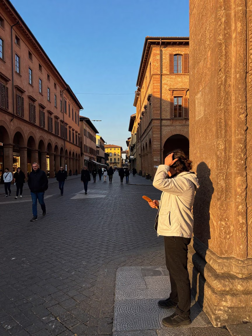 Late Afternoon Street Scene in Bologna Italy with Cobblestones and Local Life in in Bologna, Italy