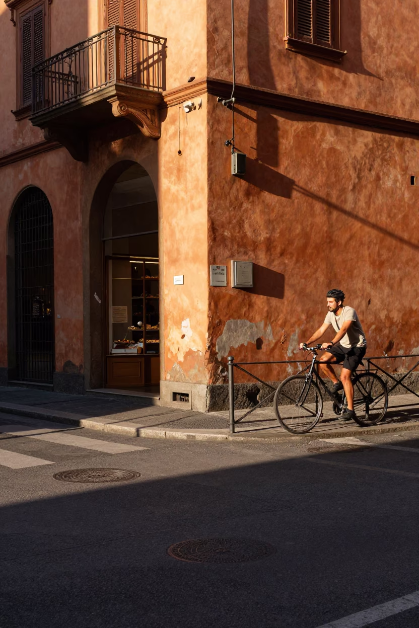 Late Afternoon Street Scene in Bologna Italy with Cyclist and Bakery Display in in Bologna, Italy
