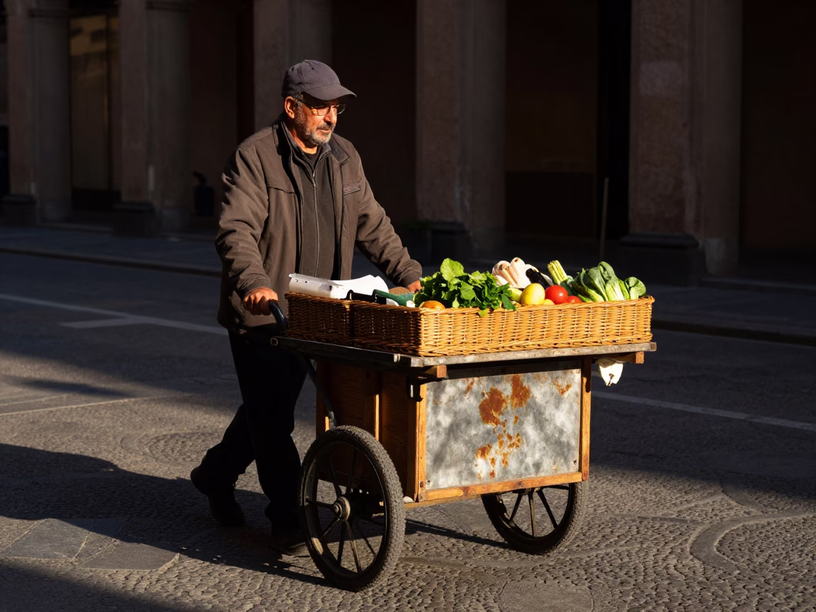 Late Afternoon Street Scene in Bologna Italy with Dented Metal Rim and Basket Tray in in Bologna, Italy