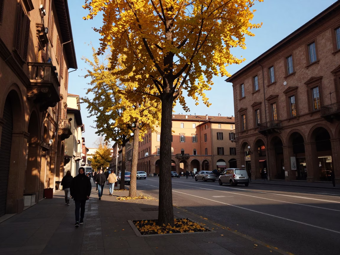 Late Afternoon Street Scene in Bologna Italy with Ginkgo Tree and Arepas in in Bologna, Italy