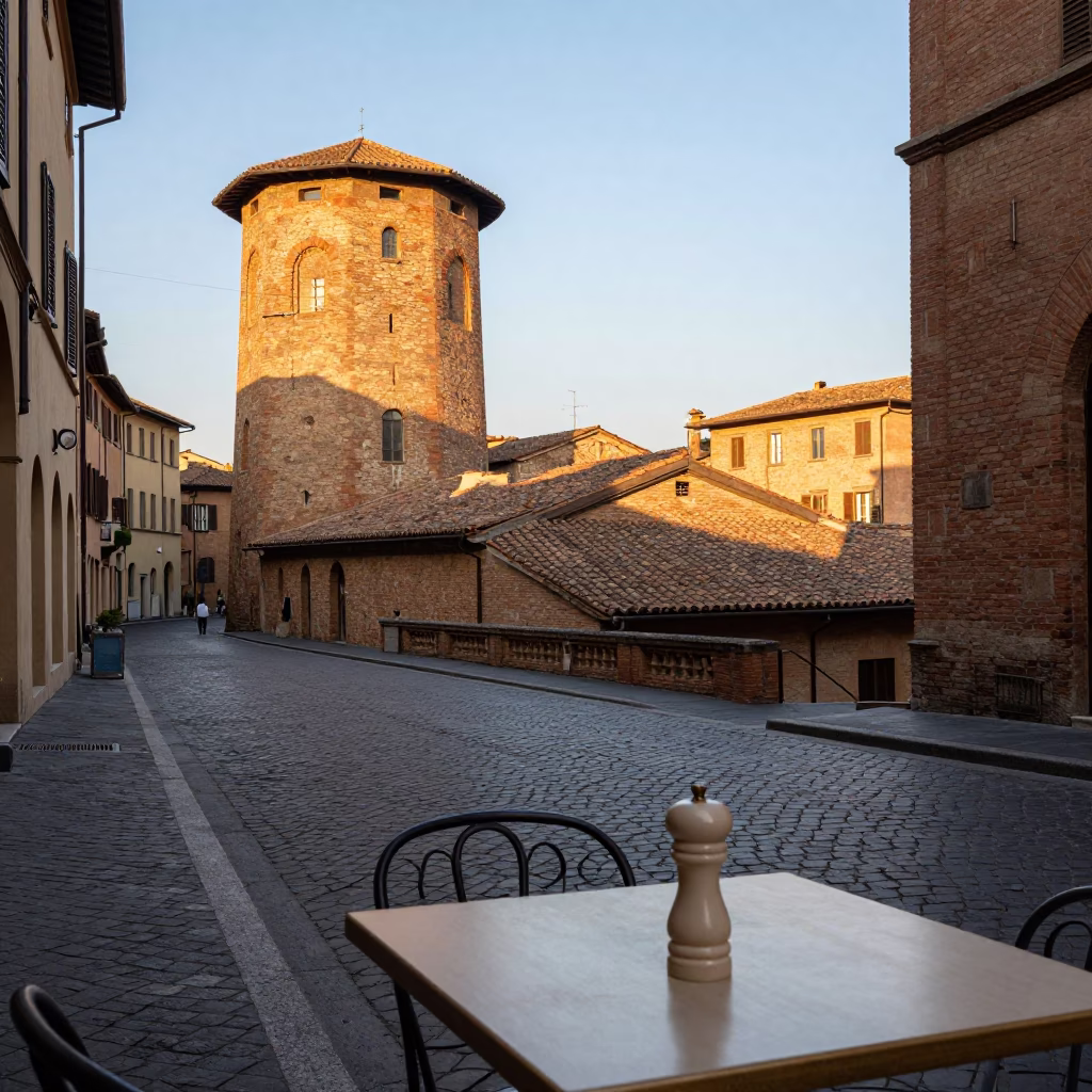 Late Afternoon Street Scene in Bologna Italy with Pepper Mill and Decanter in in Bologna, Italy