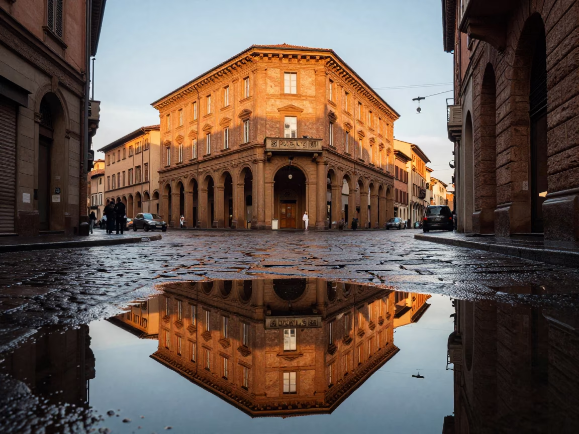 Late Afternoon Street Scene in Bologna Italy with Puddle Reflections and Urban Architecture in in Bologna, Italy