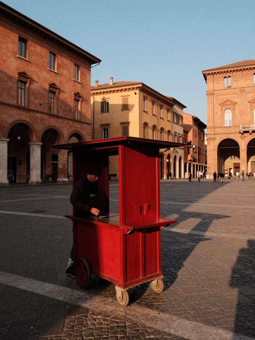 Late Afternoon Street Scene in Bologna Italy with Red Lacquered Wood and Terracotta Pot in in Bologna, Italy